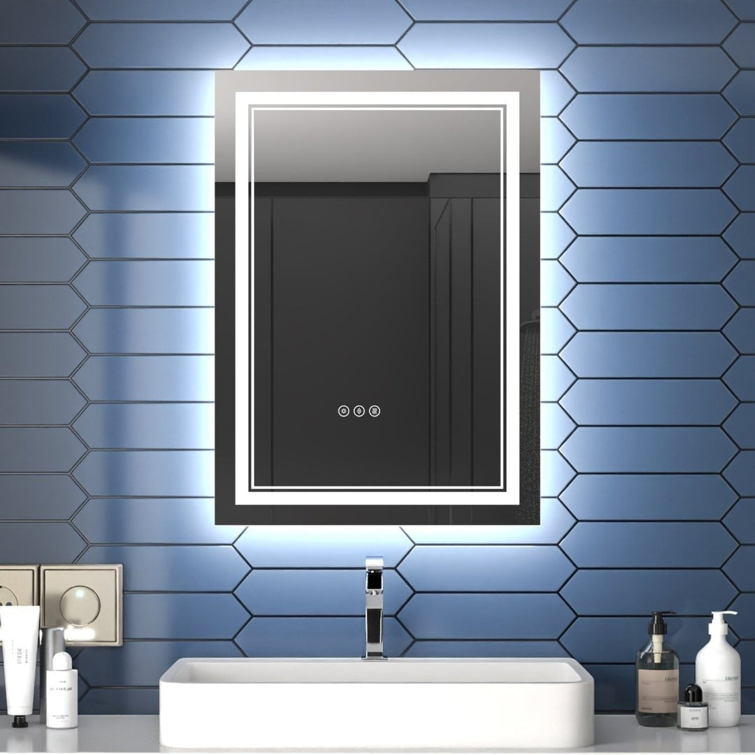 Linea 20x28 LED Heated Bathroom Mirror Anti Fog Dimmable Backlit Tempered Glass Image 1