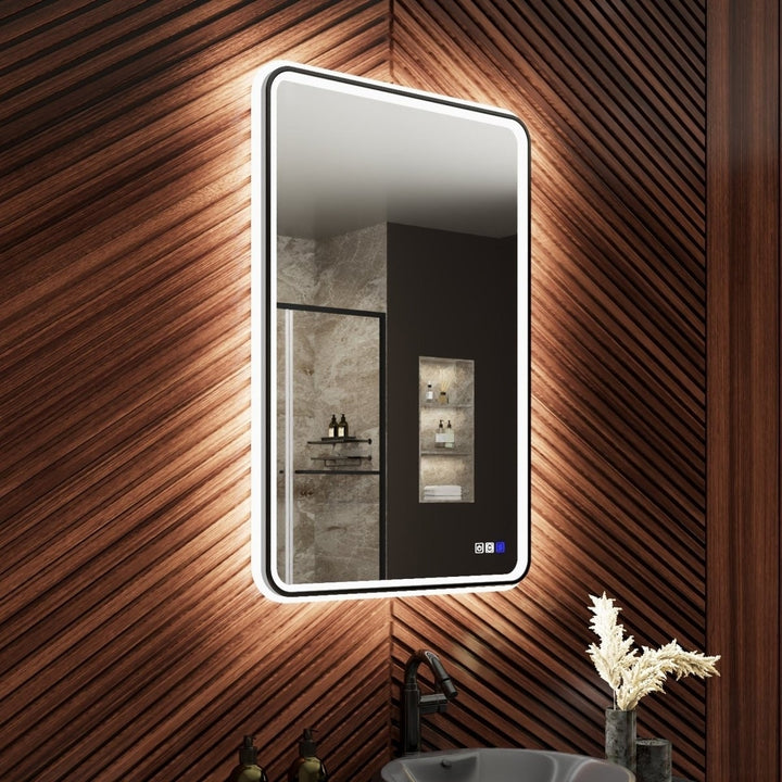 Lumina 24x36 LED Bathroom Mirror Black Frame Anti-Fog Dimmable Inner Outer Light Image 1