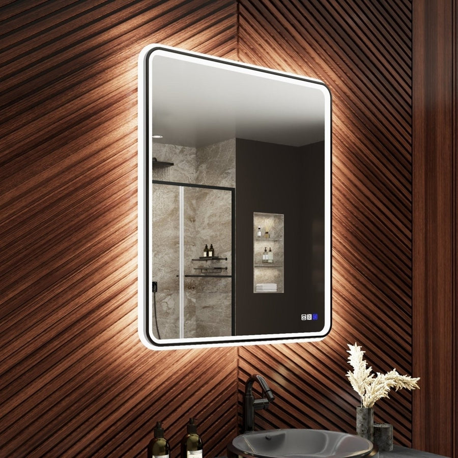 Lumina 30x36 LED Lighted Bathroom Mirror Black Rounded Frame Anti-Fog Dimmable Image 1