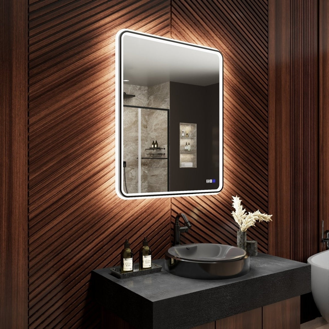 Lumina 30x36 LED Lighted Bathroom Mirror Black Rounded Frame Anti-Fog Dimmable Image 11