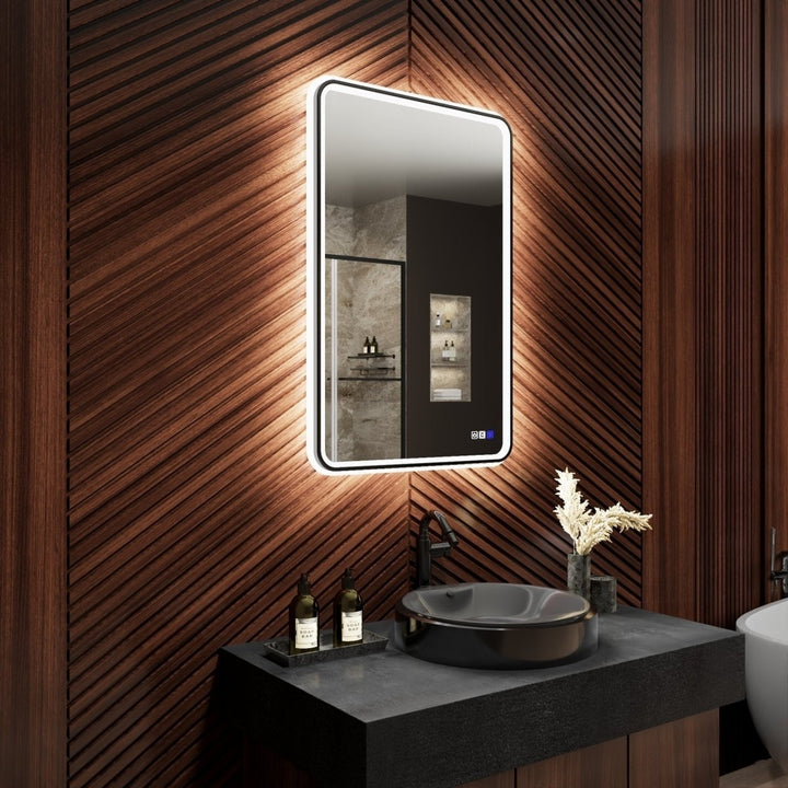 Lumina 24x36 LED Bathroom Mirror Black Frame Anti-Fog Dimmable Inner Outer Light Image 11