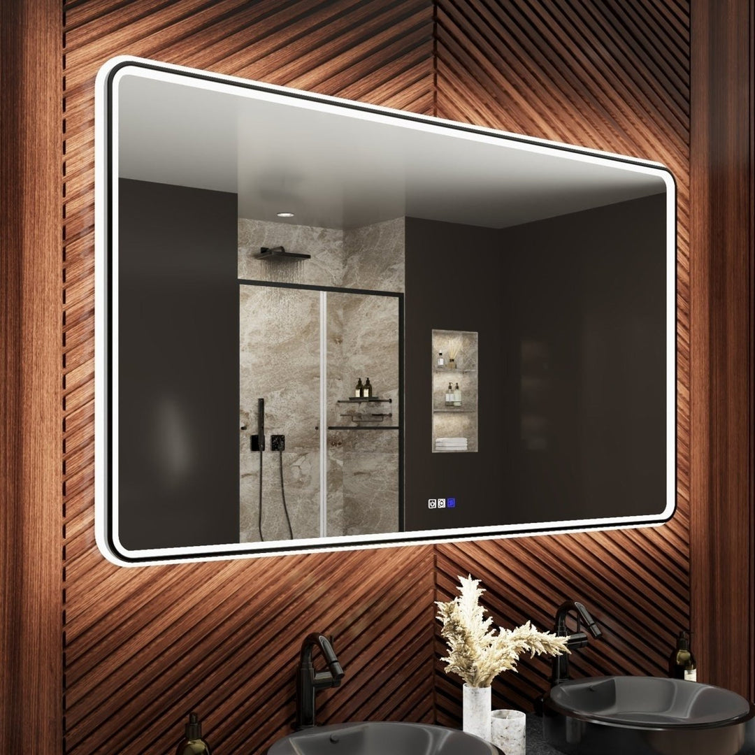 Lumina 60" LED Lighted Bathroom Mirror Black Frame Anti-Fog Dimmable Rounded Image 1