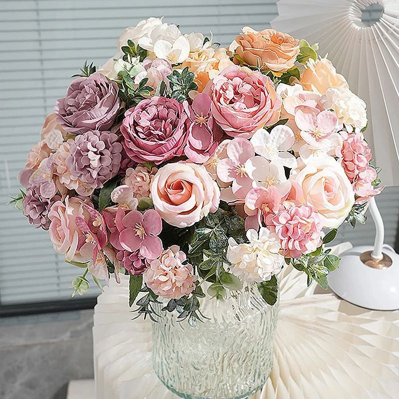 7-Head Artificial Silk Flower Bouquet  Peony, Rose Hydrangea for Home and Image 1