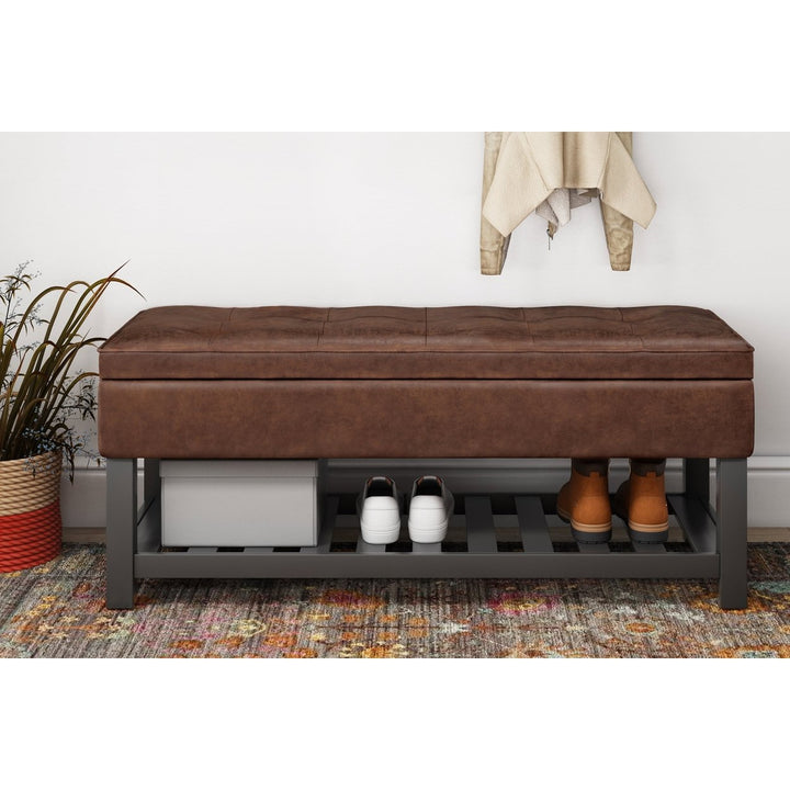 Cosmopolitan Ottoman Bench Distressed Vegan Leather Storage 17x43.5x18.1 Image 5