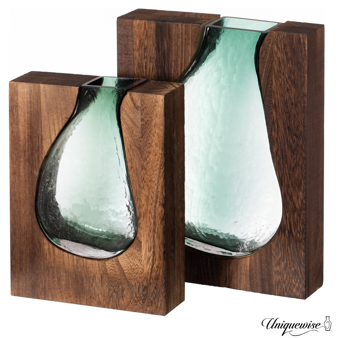 Pair of 10 and 12-Inch Wood and Glass Inlay Vases - Merging the Natural Warmth and Texture of Wood with the Elegance and Image 1