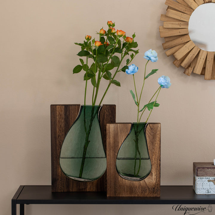 Pair of 10 and 12-Inch Wood and Glass Inlay Vases - Merging the Natural Warmth and Texture of Wood with the Elegance and Image 2