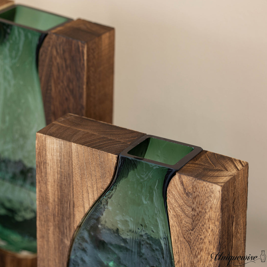 Pair of 10 and 12-Inch Wood and Glass Inlay Vases - Merging the Natural Warmth and Texture of Wood with the Elegance and Image 4