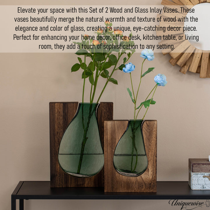 Pair of 10 and 12-Inch Wood and Glass Inlay Vases - Merging the Natural Warmth and Texture of Wood with the Elegance and Image 5