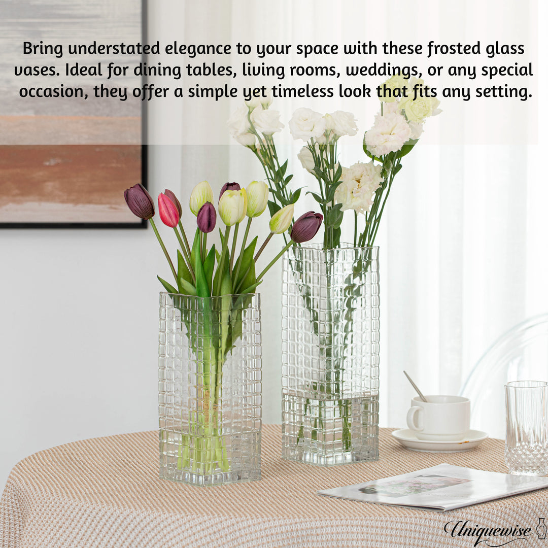 Set of 2 Square Frosted Clear Glass Table Vase - A Timeless Centerpiece for Dining Tables, Living Rooms, Bedrooms, Hotel Image 5