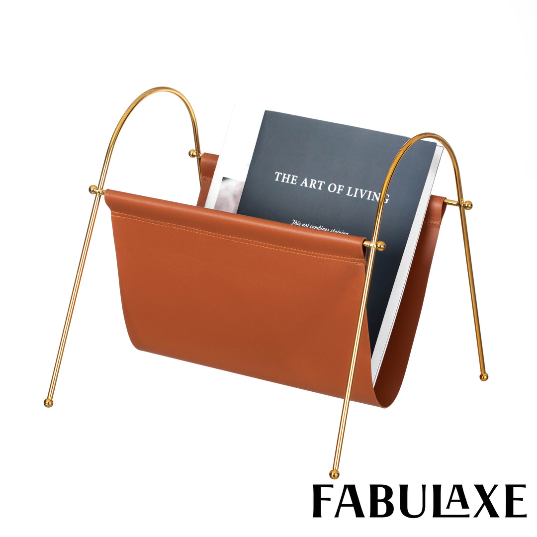 Fabulaxe 12-in Gold-Tone Metal Frame with Brown Leatherette Sling Magazine Holder for Living Rooms, Home Offices, and Image 1