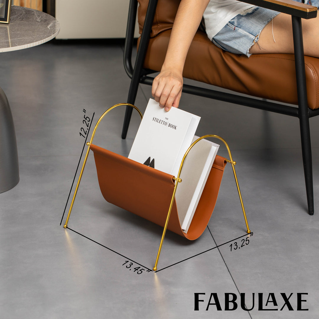 Fabulaxe 12-in Gold-Tone Metal Frame with Brown Leatherette Sling Magazine Holder for Living Rooms, Home Offices, and Image 2