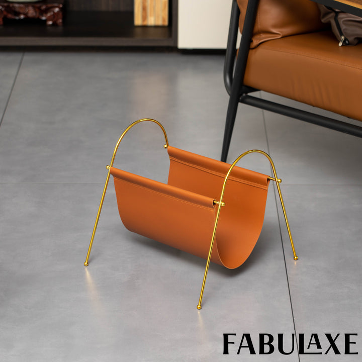 Fabulaxe 12-in Gold-Tone Metal Frame with Brown Leatherette Sling Magazine Holder for Living Rooms, Home Offices, and Image 3