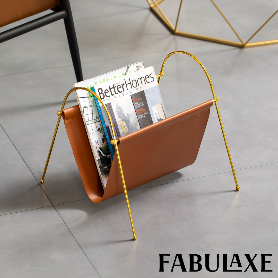 Fabulaxe 12-in Gold-Tone Metal Frame with Brown Leatherette Sling Magazine Holder for Living Rooms, Home Offices, and Image 4