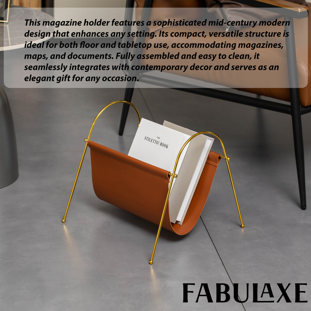 Fabulaxe 12-in Gold-Tone Metal Frame with Brown Leatherette Sling Magazine Holder for Living Rooms, Home Offices, and Image 5