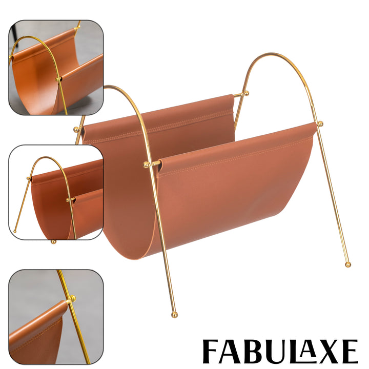 Fabulaxe 12-in Gold-Tone Metal Frame with Brown Leatherette Sling Magazine Holder for Living Rooms, Home Offices, and Image 6