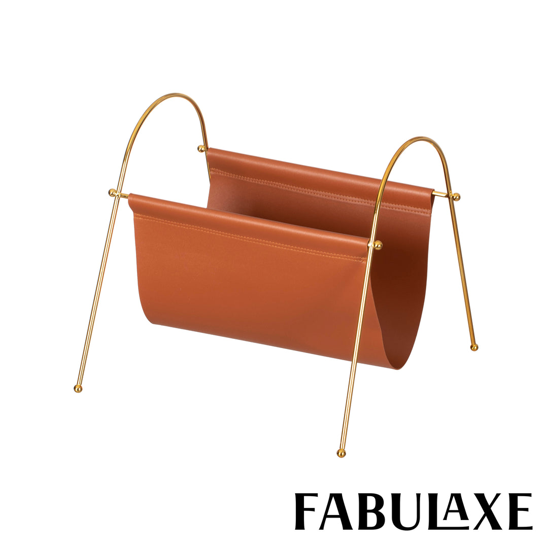 Fabulaxe 12-in Gold-Tone Metal Frame with Brown Leatherette Sling Magazine Holder for Living Rooms, Home Offices, and Image 7