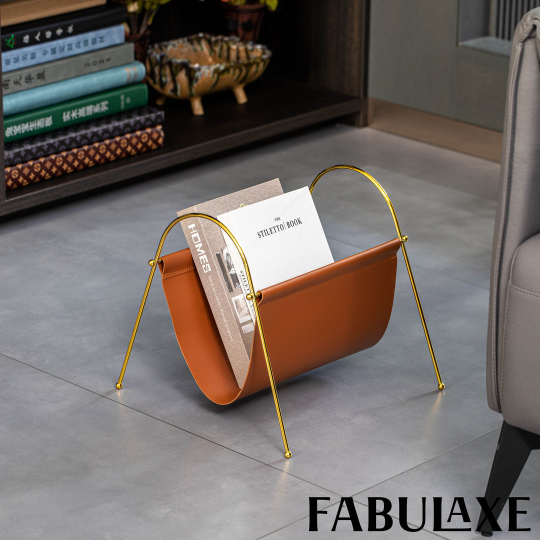 Fabulaxe 12-in Gold-Tone Metal Frame with Brown Leatherette Sling Magazine Holder for Living Rooms, Home Offices, and Image 8