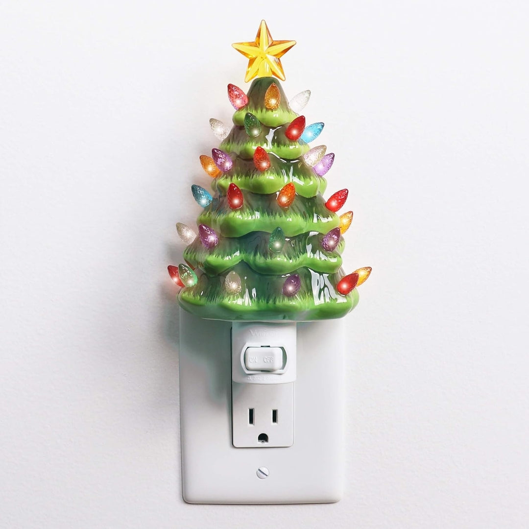 Milltown Merchants Ceramic Christmas Tree Night Light - Plugin Christmas Tree with Lights - Lighted Vintage Ceramic Tree Image 1