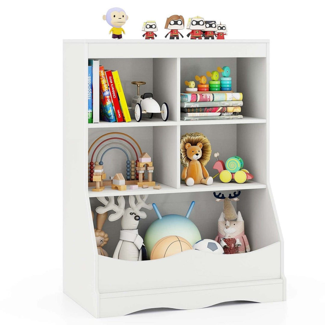 Costway 3-Tier Childrens Multi-Functional Bookcase Toy Storage Bin Floor Cabinet Gray/White/Natural Image 1