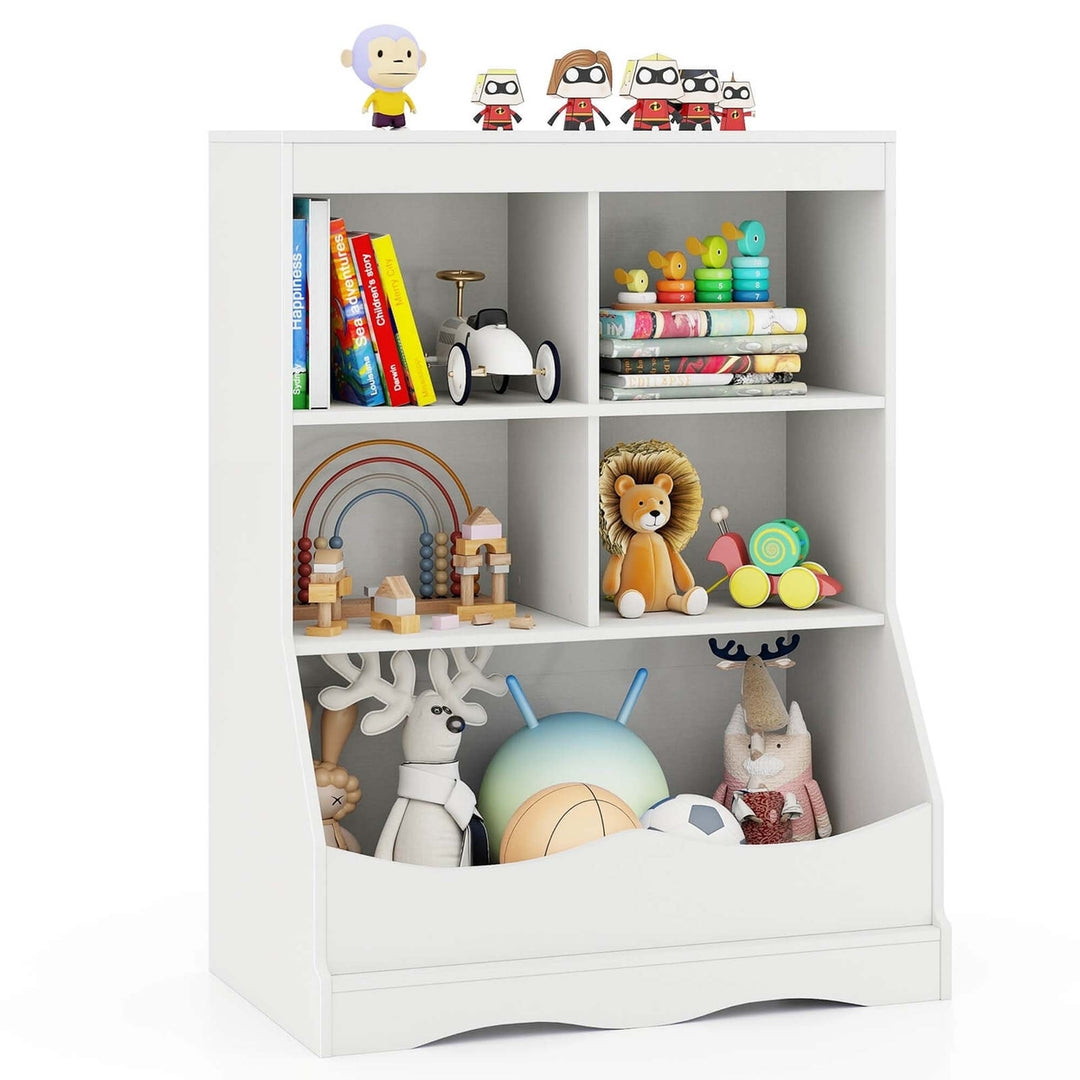 Costway 3-Tier Childrens Multi-Functional Bookcase Toy Storage Bin Floor Cabinet Gray/White/Natural Image 6