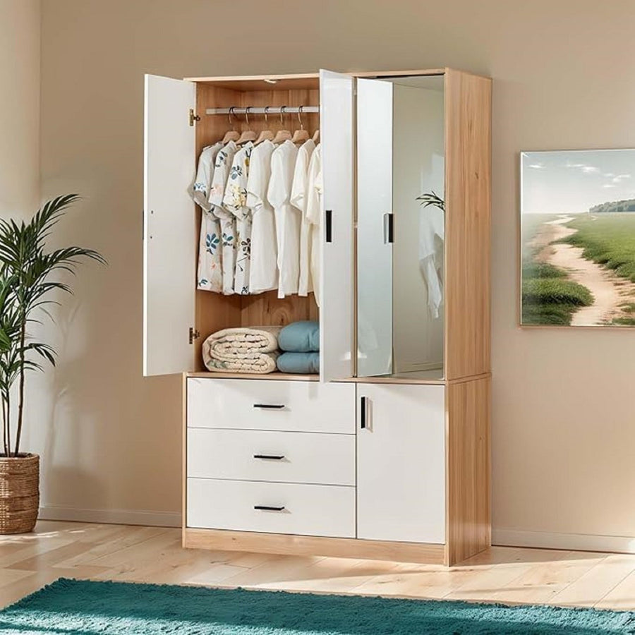 Livelylodge Mirror Armoire Wardrobe Closet 3 Door, 3 Drawers Original Wood Color Closet Cabinet for Large Capacity Image 1