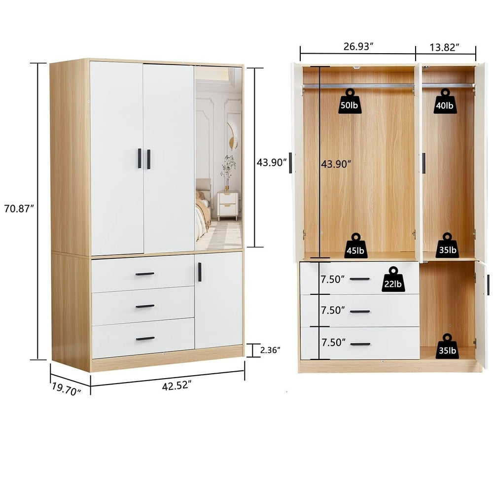 Livelylodge Mirror Armoire Wardrobe Closet 3 Door, 3 Drawers Original Wood Color Closet Cabinet for Large Capacity Image 2