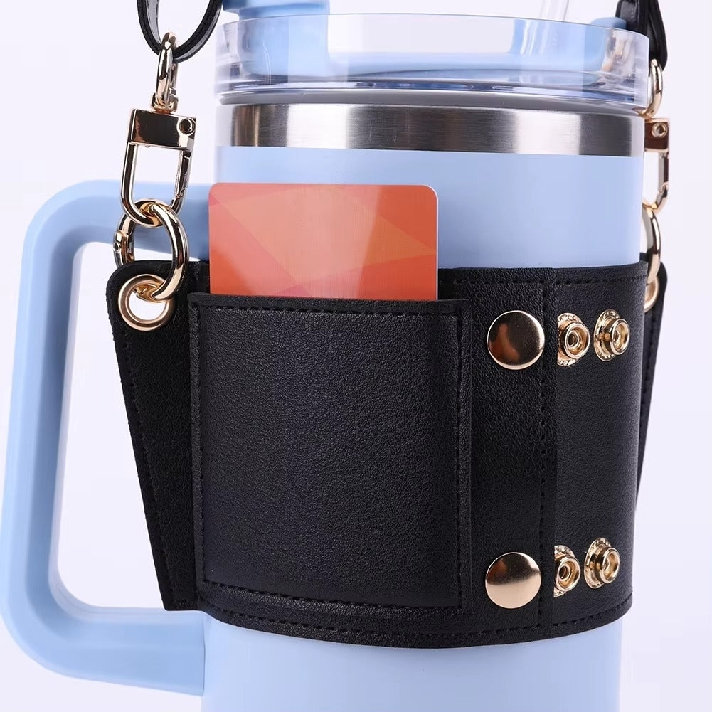 PU Leather Water Bottle Handle with Adjustable Strap 30-40oz Bottles Universal Travel Water Bottle Holder Sling Bag for Image 11