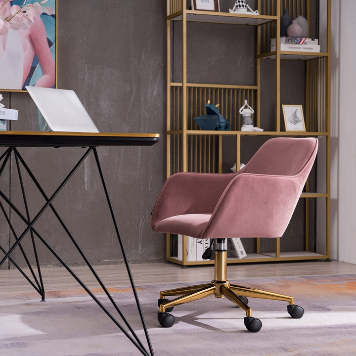 Modern Velvet Fabric Adjustable Height 360 Revolving Home Office Chair with Gold Metal Legs and Universal Wheels Pink Image 1