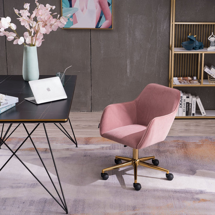 Modern Velvet Fabric Adjustable Height 360 Revolving Home Office Chair with Gold Metal Legs and Universal Wheels Pink Image 12