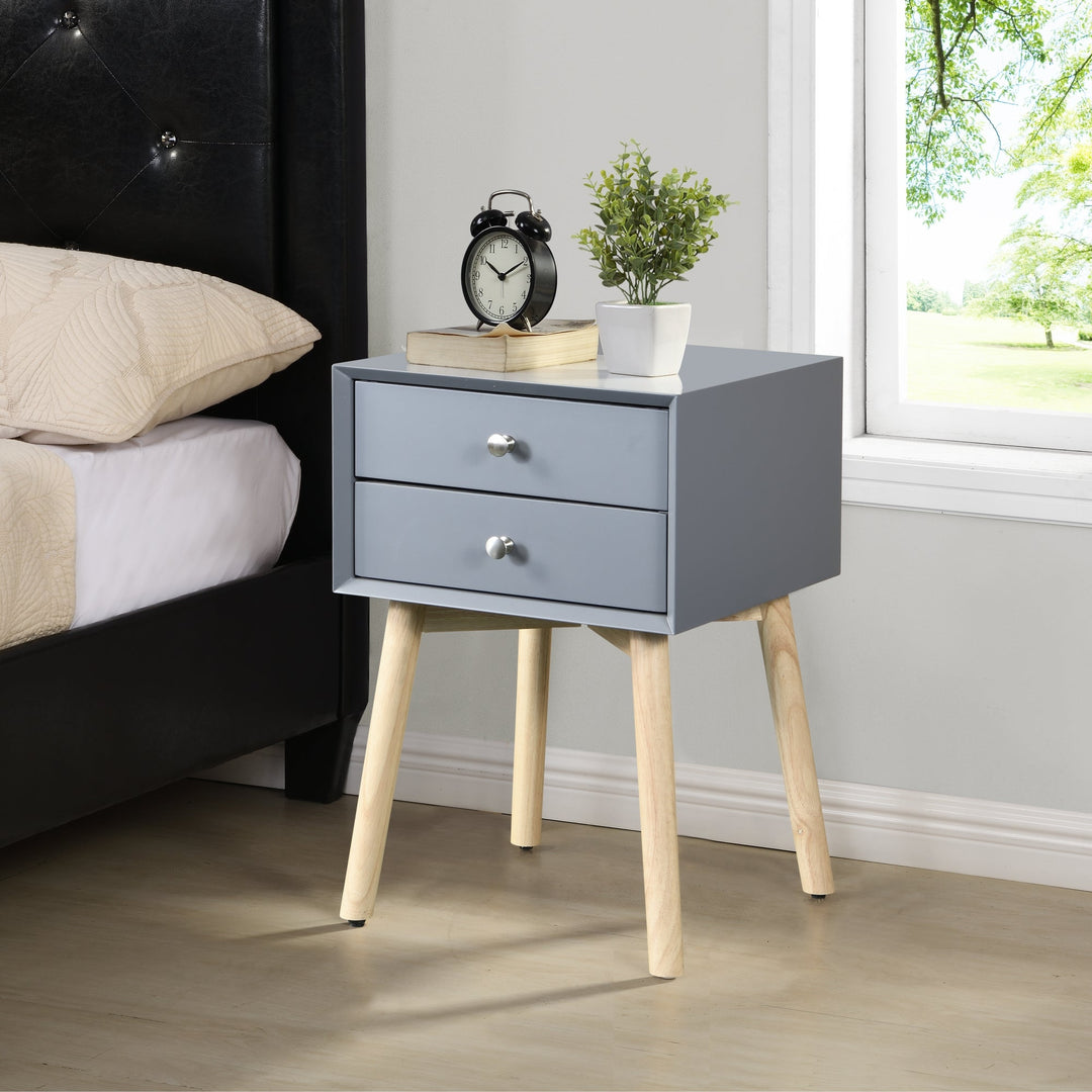 Mid-Century Modern Side Table with 2 Drawers, Bedside Storage Cabinet, Rubber Wood Legs, Stylish Gray Finish for Bedroom Image 1