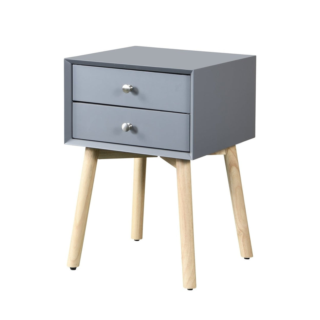 Mid-Century Modern Side Table with 2 Drawers, Bedside Storage Cabinet, Rubber Wood Legs, Stylish Gray Finish for Bedroom Image 3