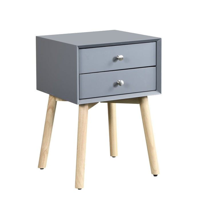 Mid-Century Modern Side Table with 2 Drawers, Bedside Storage Cabinet, Rubber Wood Legs, Stylish Gray Finish for Bedroom Image 4