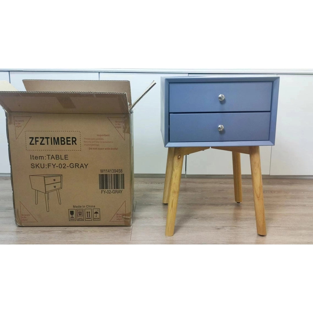 Mid-Century Modern Side Table with 2 Drawers, Bedside Storage Cabinet, Rubber Wood Legs, Stylish Gray Finish for Bedroom Image 9