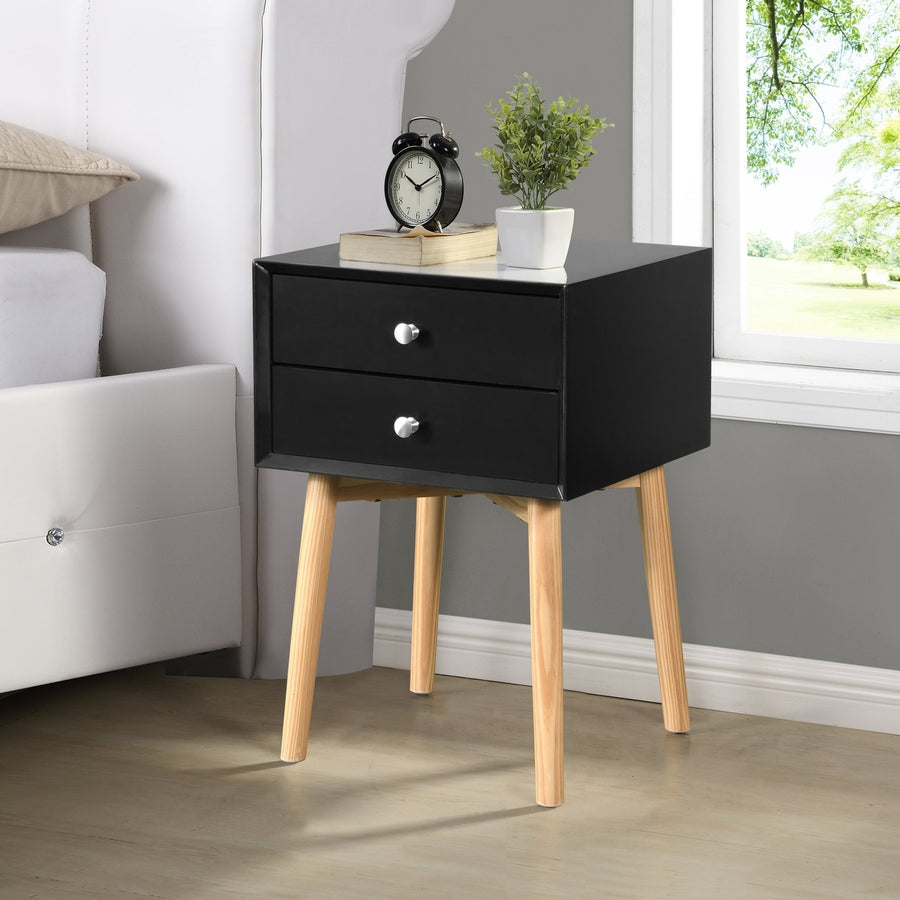 Mid-Century Modern Side Table with 2 Drawers, Rubber Wood Legs, Stylish Bedside Table Storage Cabinet for Bedroom and Image 1