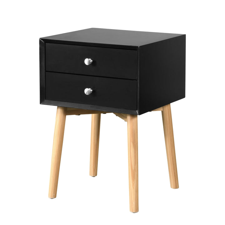 Mid-Century Modern Side Table with 2 Drawers, Rubber Wood Legs, Stylish Bedside Table Storage Cabinet for Bedroom and Image 2