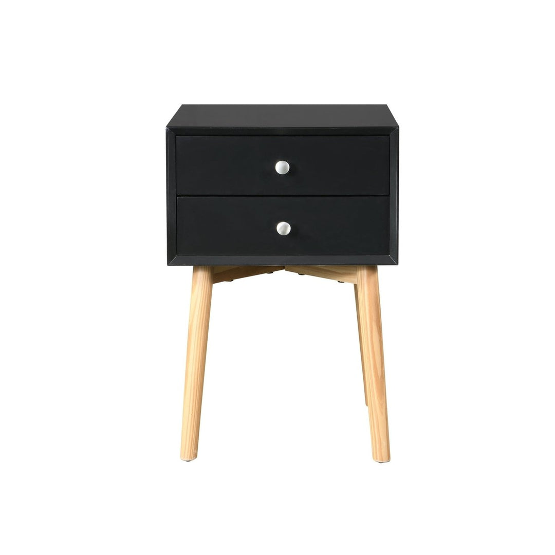 Mid-Century Modern Side Table with 2 Drawers, Rubber Wood Legs, Stylish Bedside Table Storage Cabinet for Bedroom and Image 3