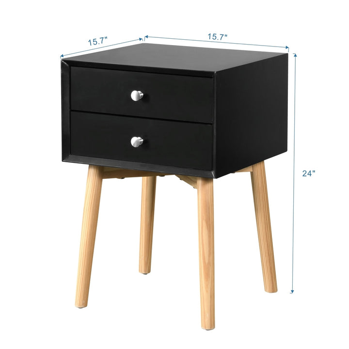 Mid-Century Modern Side Table with 2 Drawers, Rubber Wood Legs, Stylish Bedside Table Storage Cabinet for Bedroom and Image 8