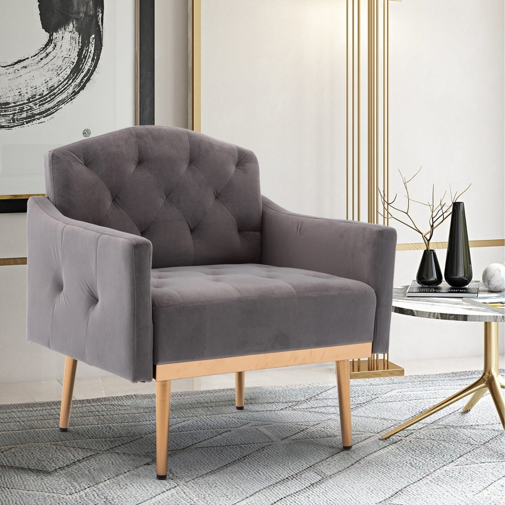 Modern Accent Chair with Arms  Tufted Decorative Fabric Armchair, Upholstered Reading Chair with Gold Metal Legs  Gray Image 2