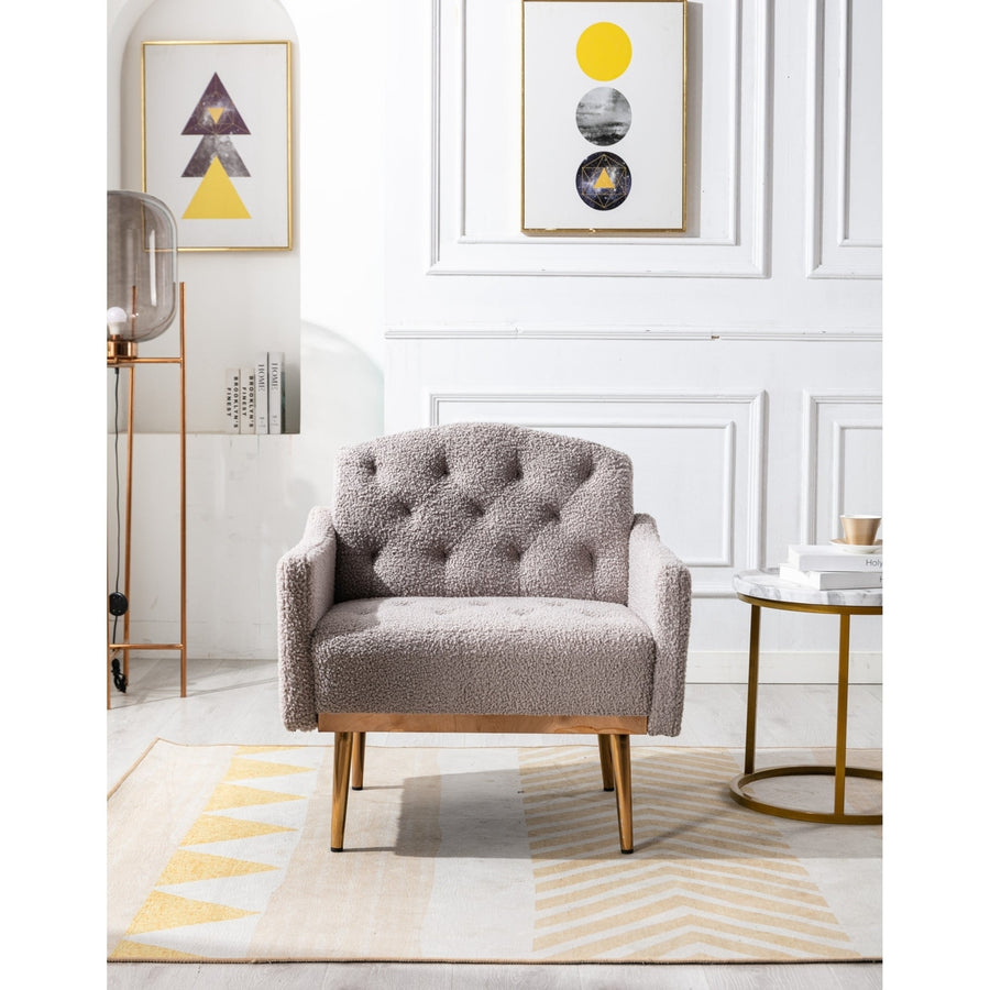 Modern Accent Chair with Arms, Tufted Decorative Fabric Upholstered Armchair with Gold Metal Legs, Stylish Reading Chair Image 1