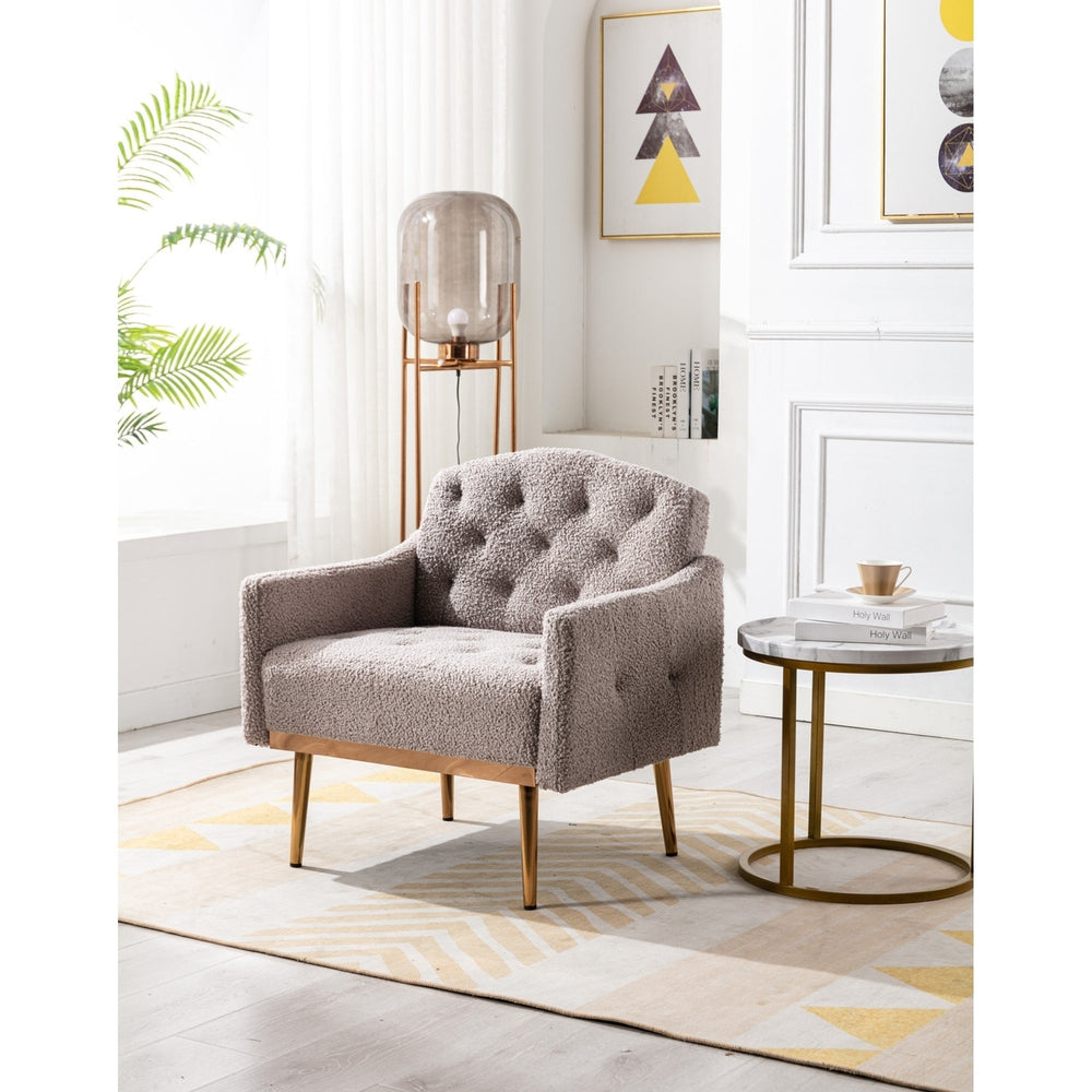 Modern Accent Chair with Arms, Tufted Decorative Fabric Upholstered Armchair with Gold Metal Legs, Stylish Reading Chair Image 2