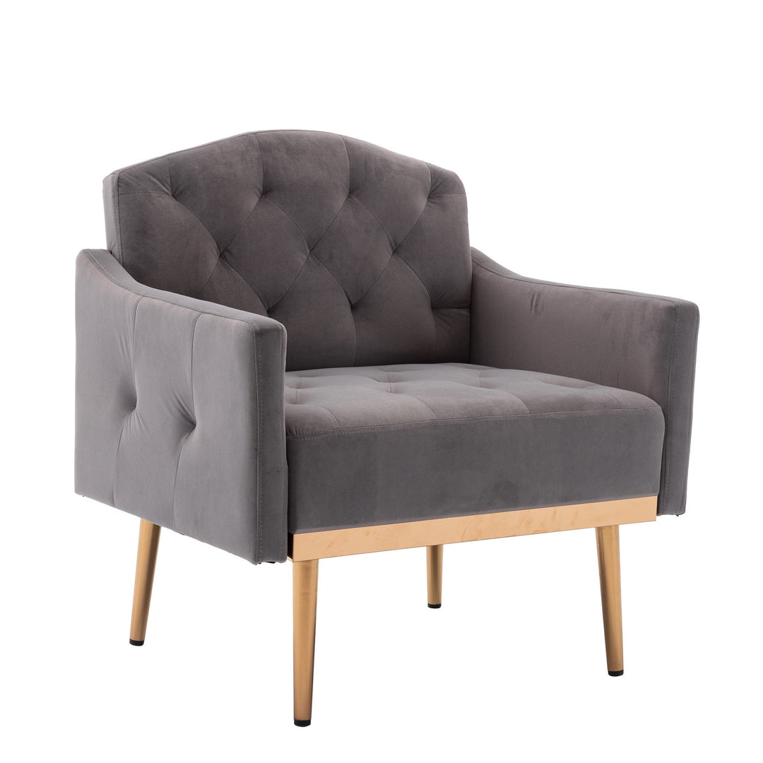 Modern Accent Chair with Arms  Tufted Decorative Fabric Armchair, Upholstered Reading Chair with Gold Metal Legs  Gray Image 6