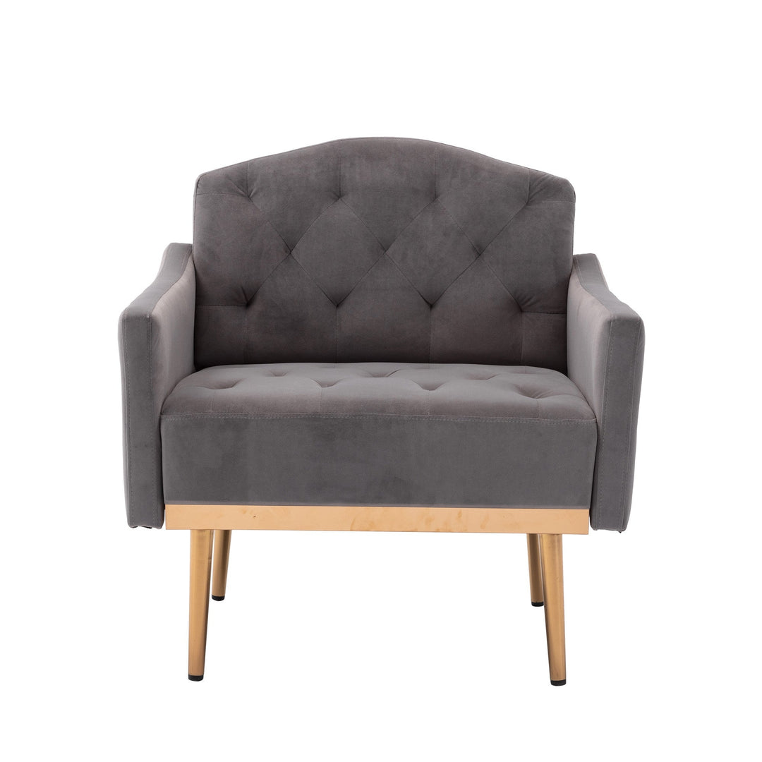 Modern Accent Chair with Arms  Tufted Decorative Fabric Armchair, Upholstered Reading Chair with Gold Metal Legs  Gray Image 7