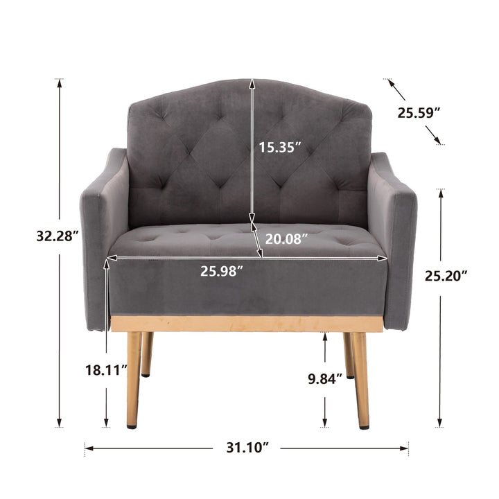 Modern Accent Chair with Arms  Tufted Decorative Fabric Armchair, Upholstered Reading Chair with Gold Metal Legs  Gray Image 11