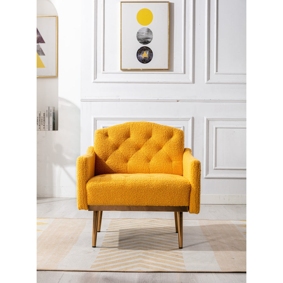 Modern Accent Chair with Arms, Tufted Fabric Upholstered Armchair, Decorative Reading Chair with Gold Metal Legs Image 1