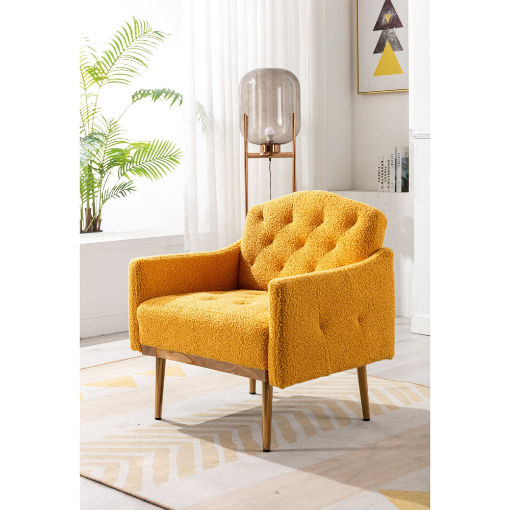 Modern Accent Chair with Arms, Tufted Fabric Upholstered Armchair, Decorative Reading Chair with Gold Metal Legs Image 2