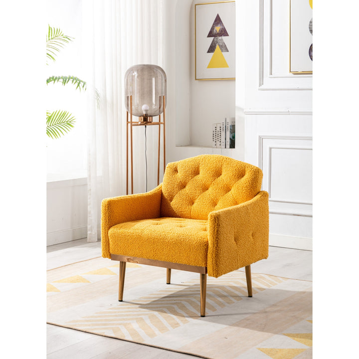 Modern Accent Chair with Arms, Tufted Fabric Upholstered Armchair, Decorative Reading Chair with Gold Metal Legs Image 3