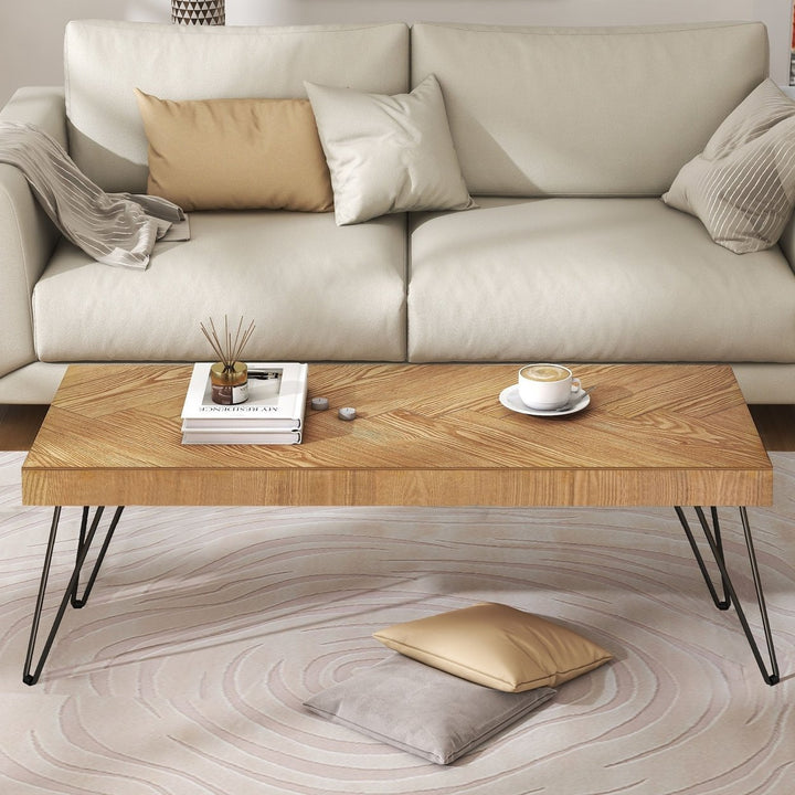 Modern Coffee Table with Chevron Pattern, Easy Assembly Tea Table, Thick Cocktail Table with Metal Hairpin Legs for Image 2