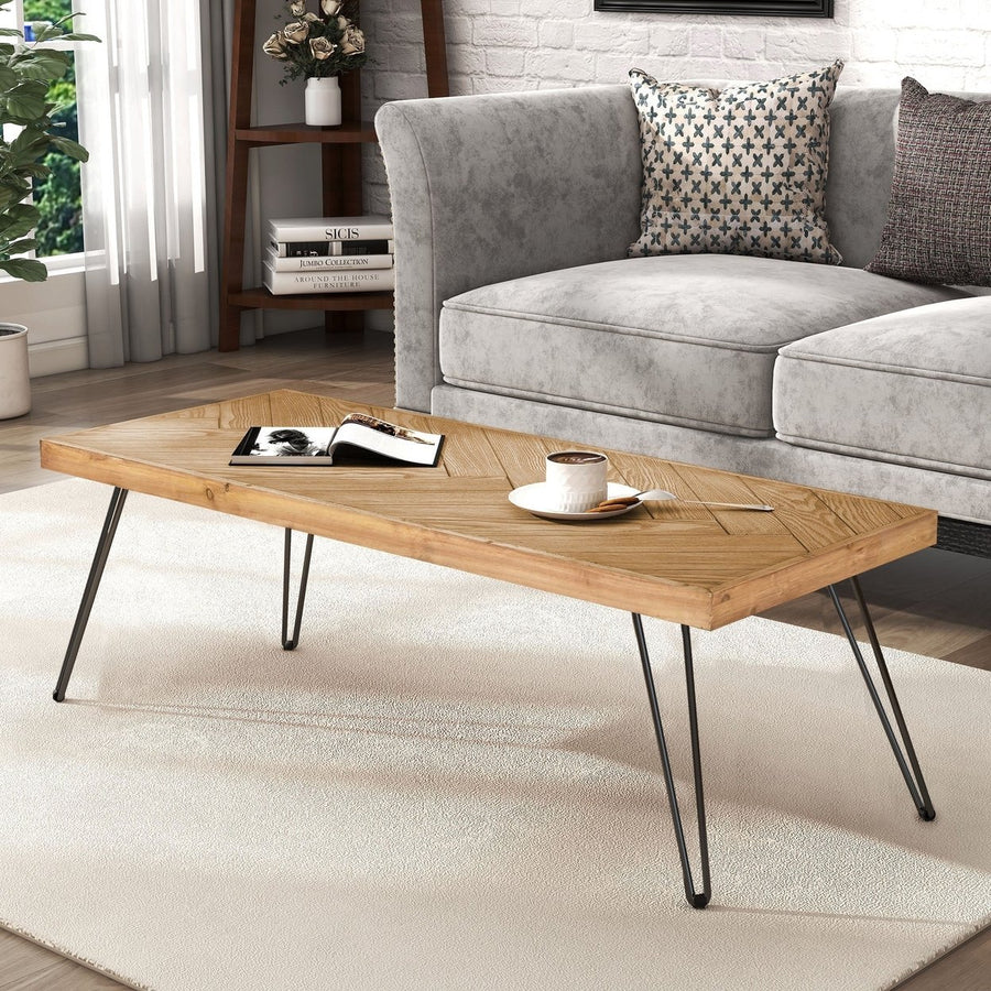 Modern Coffee Table with Chevron Pattern and Metal Hairpin Legs - Easy Assembly Tea/Cocktail Table for Living Room, Ash Image 1