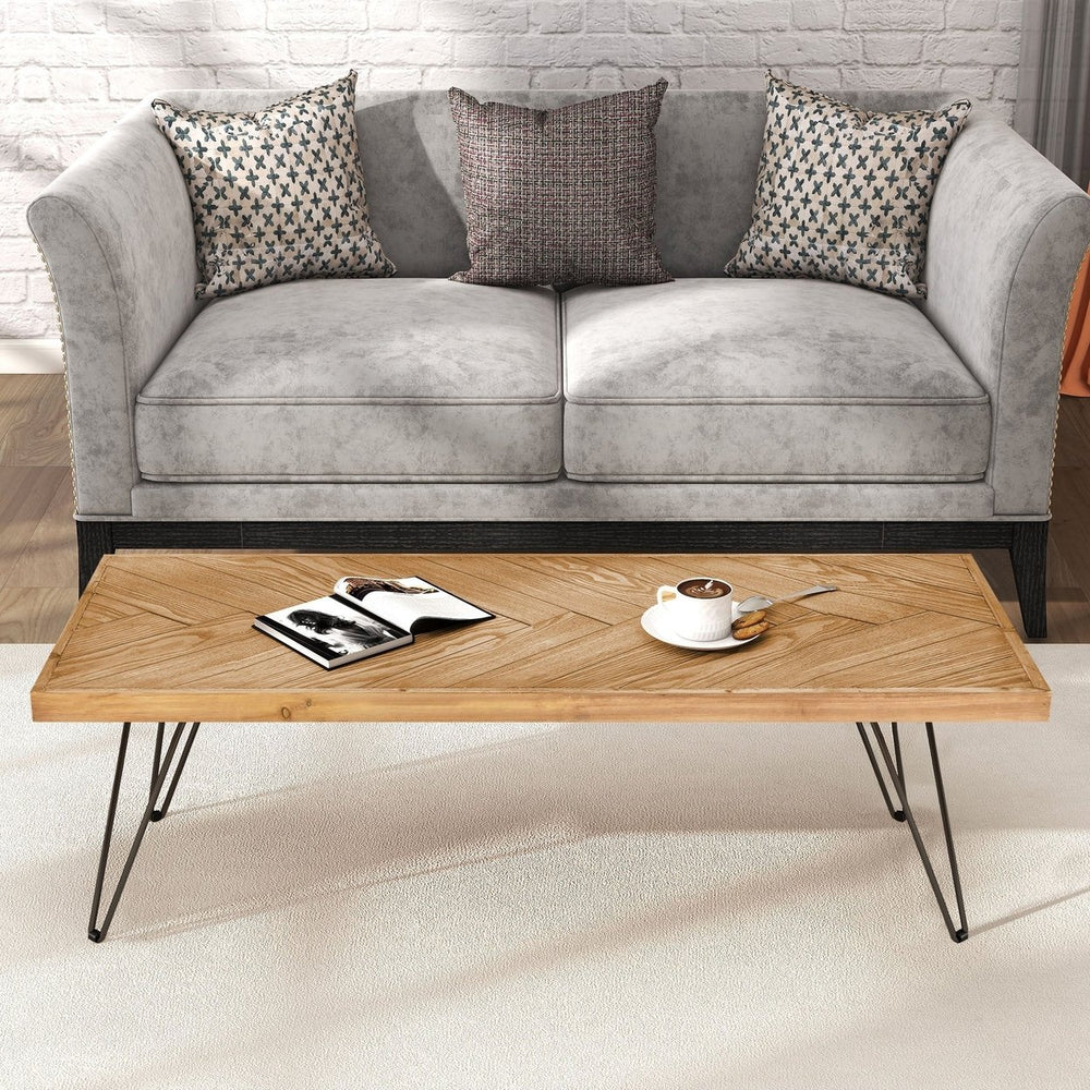 Modern Coffee Table with Chevron Pattern and Metal Hairpin Legs - Easy Assembly Tea/Cocktail Table for Living Room, Ash Image 2