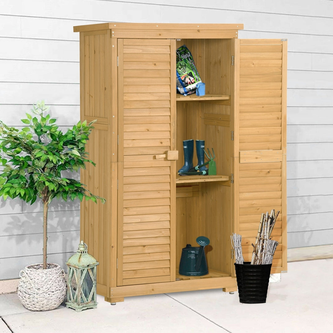 3-Tier Wooden Garden Shed - Outdoor Storage Cabinet, Patio Organizer with Natural Fir Wood, Shutter Design, Lockable Image 1